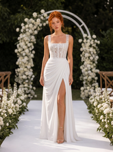 Modern Square Neck Lace Corset Wedding Dress with High Slit
