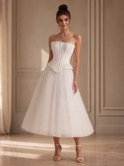 Chic Beaded Corset Basque Waist A-Line Tea-Length Bridal Dress