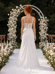 Modern Square Neck Lace Corset Wedding Dress with High Slit