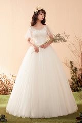 A Line Short Sleeve Lace Tulle Wedding Dress