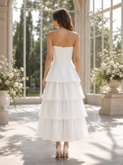 Chic Strapless 3D Rose Tiered A-Line Tea-Length Wedding Dress
