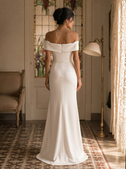 Chic Off-the-Shoulder Crepe Mermaid Wedding Dress with Bow and Slit