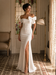 Chic Off-the-Shoulder Crepe Mermaid Wedding Dress with Bow and Slit
