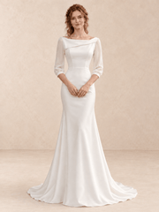 Asymmetric Bateau Neck Satin Mermaid Wedding Dress with Sheer 3/4 Sleeves
