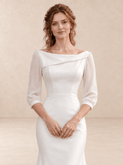 Asymmetric Bateau Neck Satin Mermaid Wedding Dress with Sheer 3/4 Sleeves