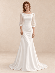 Asymmetric Bateau Neck Satin Mermaid Wedding Dress with Sheer 3/4 Sleeves