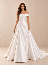 Asymmetric Draped Off-the-Shoulder Satin A-Line Wedding Dress