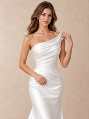 Asymmetrical Draped Satin Mermaid Wedding Dress with Basque Waist