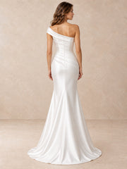 Asymmetrical Draped Satin Mermaid Wedding Dress with Basque Waist