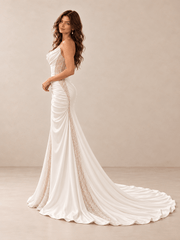 White Asymmetrical Draped Satin Mermaid Wedding Dress with Pearl Beading