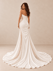 White Asymmetrical Draped Satin Mermaid Wedding Dress with Pearl Beading