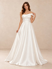 Asymmetrical Off-the-Shoulder Satin A-Line Wedding Dress