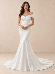 Asymmetrical Off-the-Shoulder Satin Mermaid Wedding Dress with Pearl