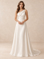 Asymmetrical One-Shoulder Satin Wedding Dress with Pearl Waist Detail