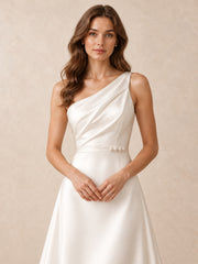 Asymmetrical One-Shoulder Satin Wedding Dress with Pearl Waist Detail