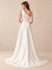 Asymmetrical One-Shoulder Satin Wedding Dress with Pearl Waist Detail