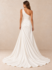 Asymmetrical One-Shoulder Satin Crepe Wedding Dress with Sweep Train