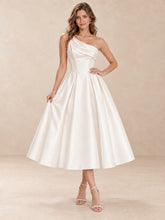 Asymmetrical One-Shoulder Satin Tea-Length A-Line Wedding Dress