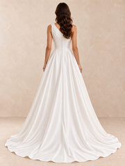 Asymmetrical One-Shoulder Satin Wedding Dress with Pearl-Crystal Detail