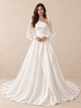 Asymmetrical One-Shoulder Satin Wedding Dress with Sheer Long Sleeves