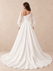 Asymmetrical One-Shoulder Satin Wedding Dress with Sheer Long Sleeves
