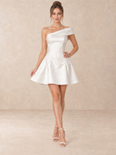 Asymmetrical One Shoulder Satin Mini Wedding Dress with Pearl