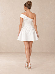 Asymmetrical One Shoulder Satin Mini Wedding Dress with Pearl