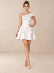 Asymmetrical One Shoulder Satin Mini Wedding Dress with Pearl