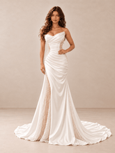 White Asymmetrical Draped Satin Mermaid Wedding Dress with Pearl Beading