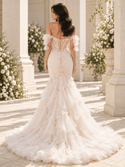 Blush Off-the-Shoulder Ruffle Sleeves Tulle Mermaid Wedding Dress
