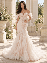 Blush Off-the-Shoulder Ruffle Sleeves Tulle Mermaid Wedding Dress
