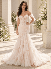 Blush Off-the-Shoulder Ruffle Sleeves Tulle Mermaid Wedding Dress