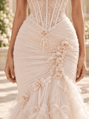 Blush Off-the-Shoulder Ruffle Sleeves Tulle Mermaid Wedding Dress