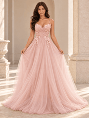 Blush Pink Spaghetti Straps Floral Appliqué Tulle Wedding Dress