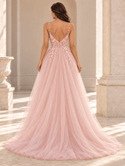 Blush Pink Spaghetti Straps Floral Appliqué Tulle Wedding Dress