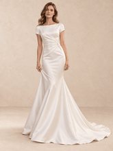Boat Neck Short Sleeves Satin Mermaid Wedding Dress with Sweep Train