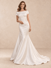 Boat Neck Short Sleeves Satin Mermaid Wedding Dress with Sweep Train