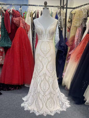 Champagne Lace V-Neck Mermaid Wedding Dress with Chapel Train