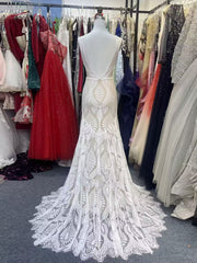 Champagne Lace V-Neck Mermaid Wedding Dress with Chapel Train