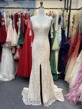 Champagne V-Neck Lace Mermaid Wedding Dress with Chapel Train