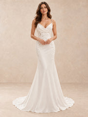 Cowl V-Neck Satin and Lace Trumpet Wedding Dress with Sweep Train