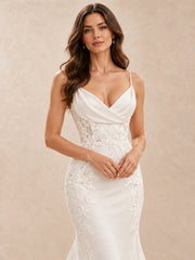 Cowl V-Neck Satin and Lace Trumpet Wedding Dress with Sweep Train