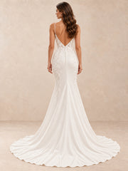 Cowl V-Neck Satin and Lace Trumpet Wedding Dress with Sweep Train