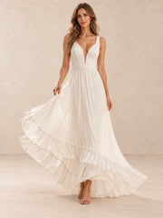Deep V-Neck Chiffon High-Low Wedding Dress with Pearl Waist Detail