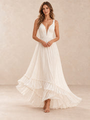 Deep V-Neck Chiffon High-Low Wedding Dress with Pearl Waist Detail