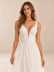 Deep V-Neck Chiffon High-Low Wedding Dress with Pearl Waist Detail
