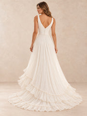 Deep V-Neck Chiffon High-Low Wedding Dress with Pearl Waist Detail