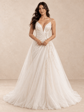 Deep V-Neck Draped Satin A-Line Wedding Dress with Beaded Tulle Skirt