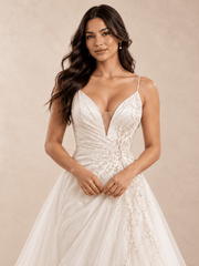 Deep V-Neck Draped Satin A-Line Wedding Dress with Beaded Tulle Skirt