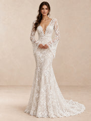 Deep V-Neck Floral Lace Mermaid Wedding Dress with Bell Sleeves